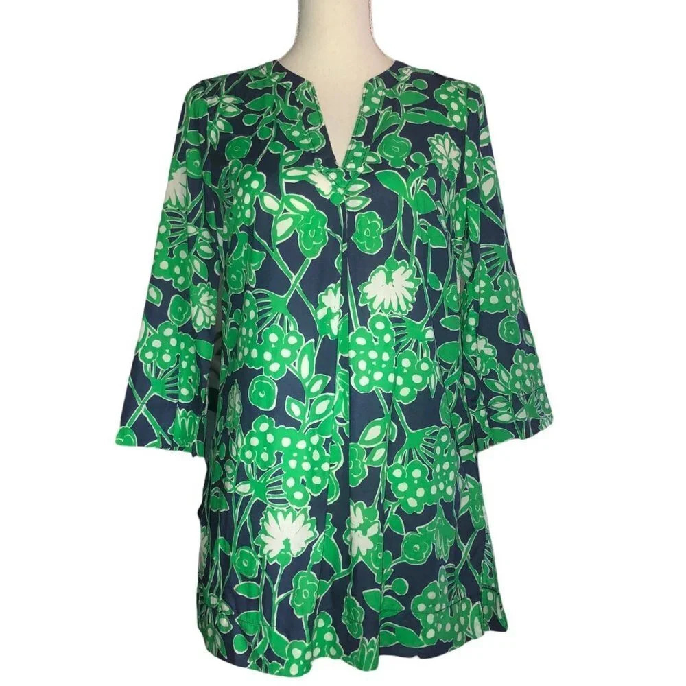 LILLY PULITZER Sz S Women's Navy Blue Green White Floral Cotton Gauze Top/Tunic